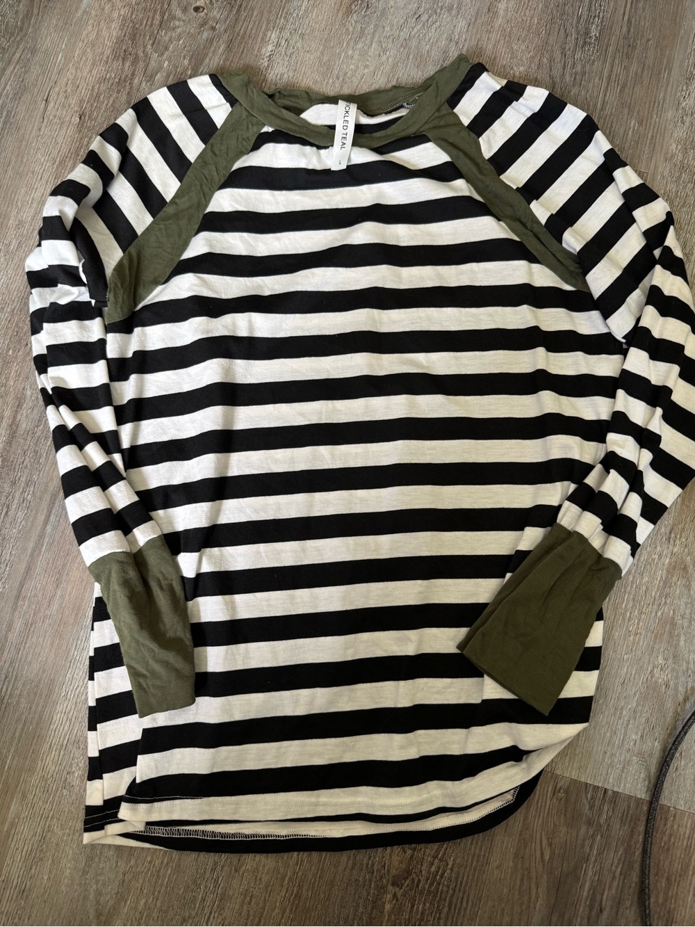 Tickled Teal Olive Green and Black-White Striped Top